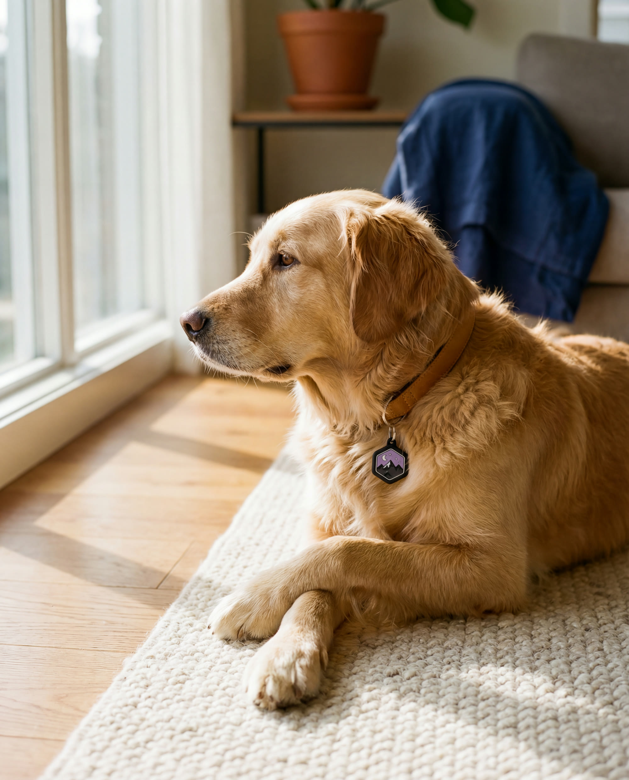 A golden retriever lying in a sunlit living room, with a small hexagonal silicone Tagling tag visible on her collar.