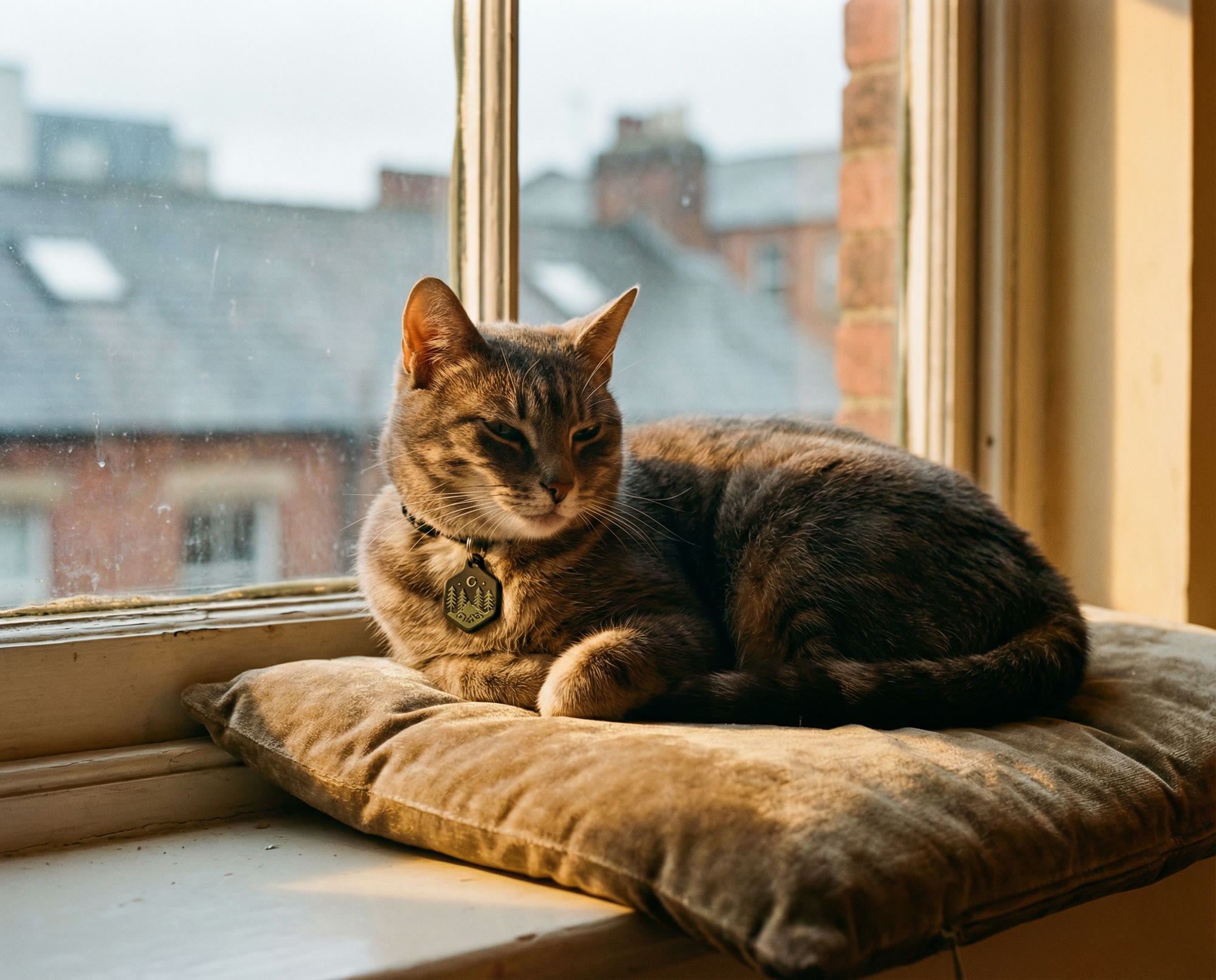 A tabby cat curled on a sunny windowsill, breakaway collar with Tagling visible.