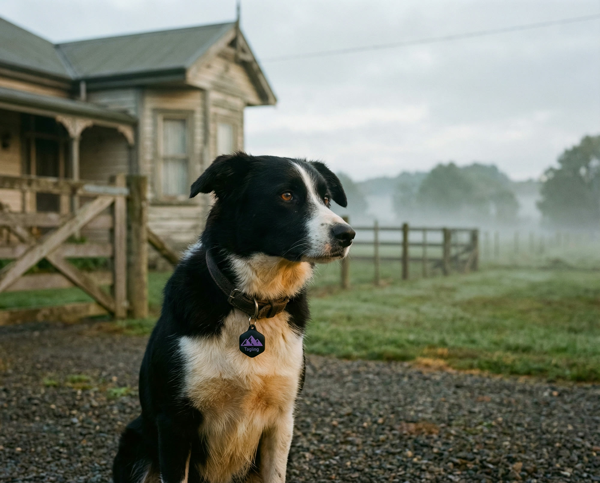A border collie sitting alert on a gravel driveway on a rural property, Tagling visible on its collar.
