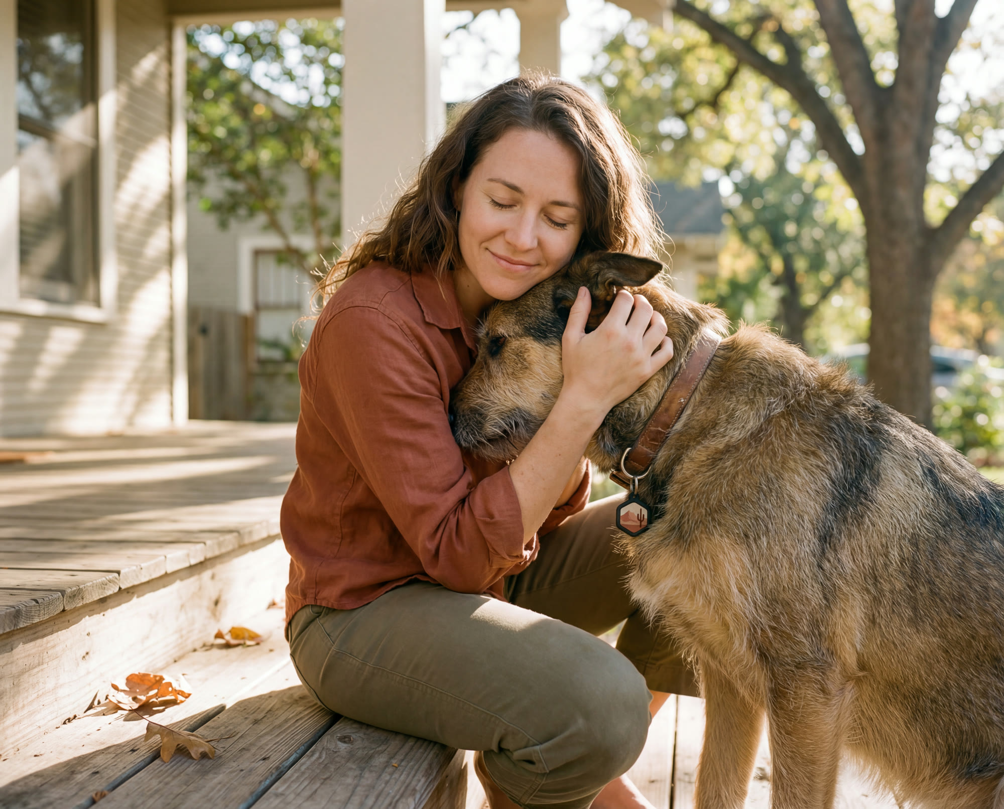 A woman hugging her golden retriever on a front porch after a reunion.