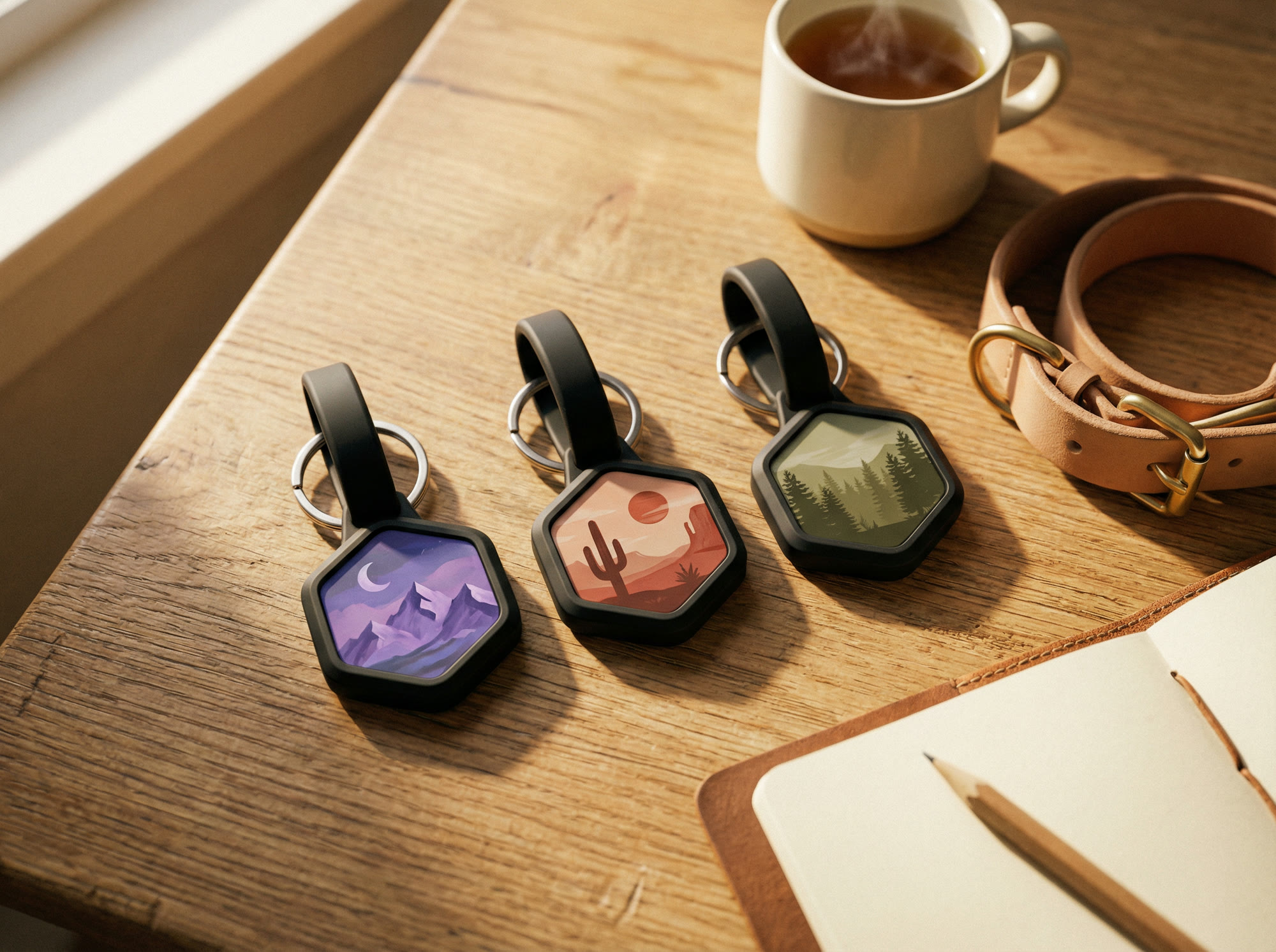 A hand holding a small hexagonal silicone Tagling tag with an illustrated design on the front.