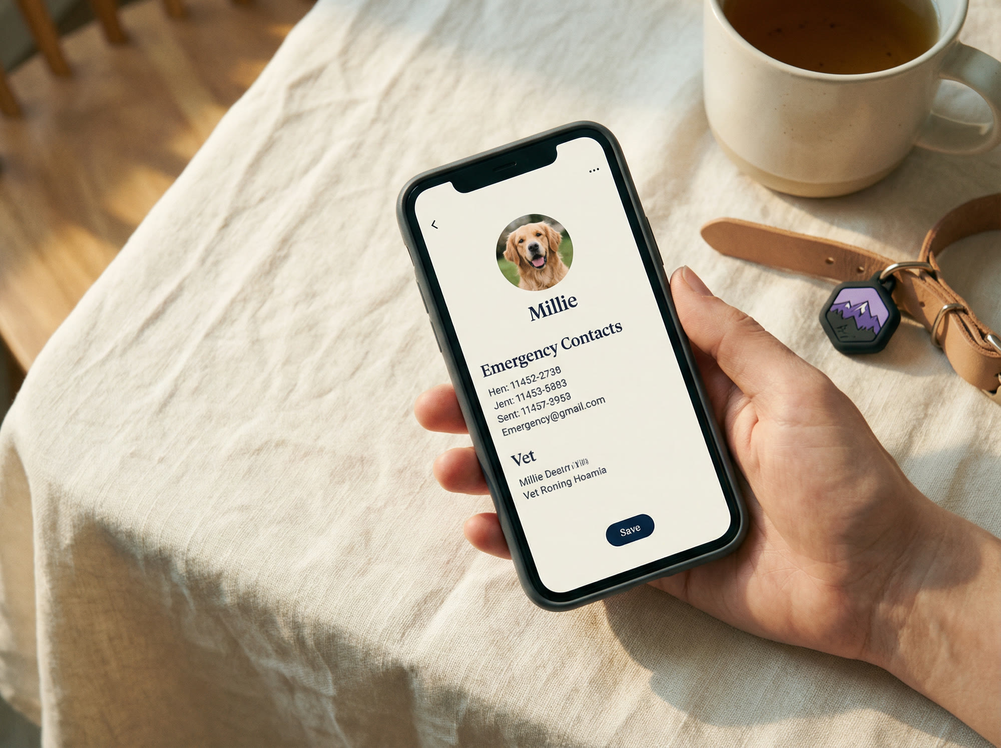 A phone showing Tagling's profile setup with a pet photo, vet info and emergency contacts.