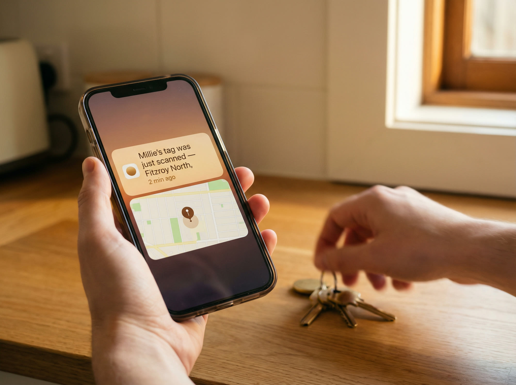 A hand holding a phone with a notification: Millie's tag was scanned.